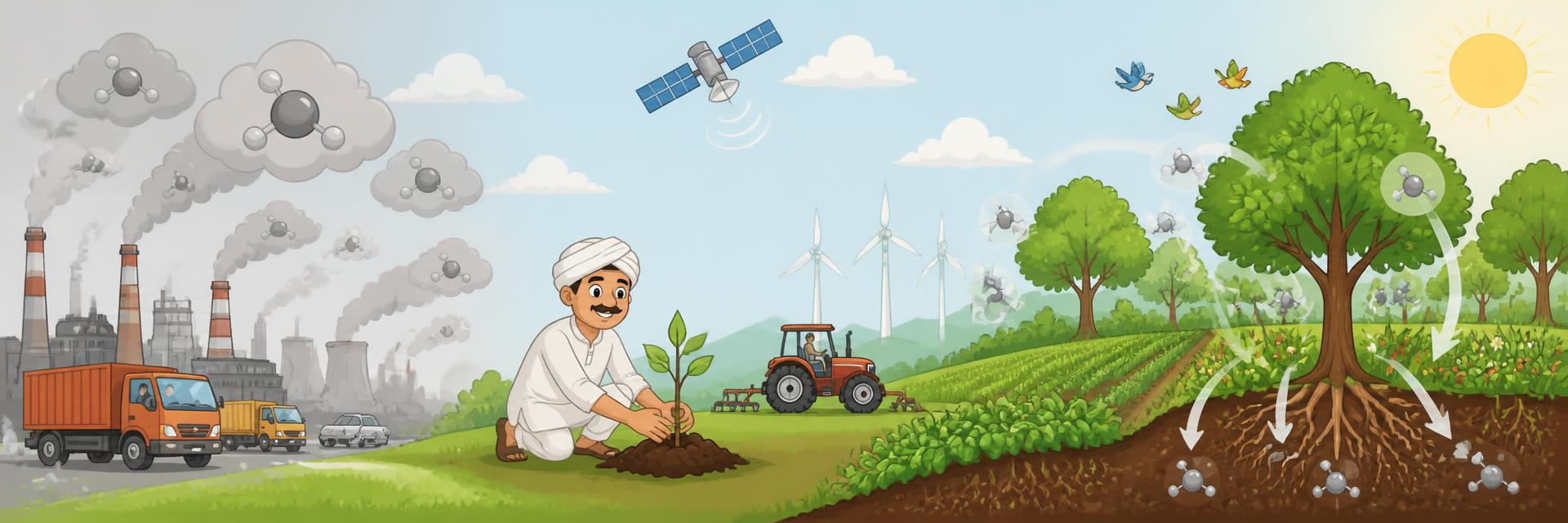 Illustrated journey from factory carbon emissions to farmland carbon absorption in Indian fields