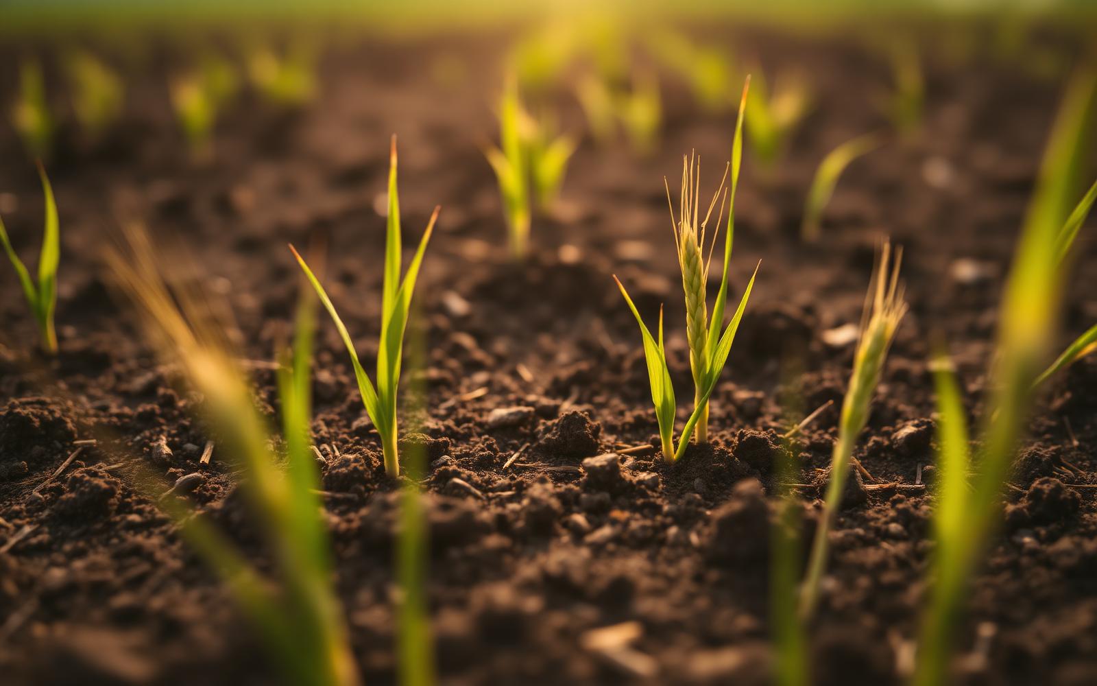 Young crop shoots emerging from rich dark farmland soil