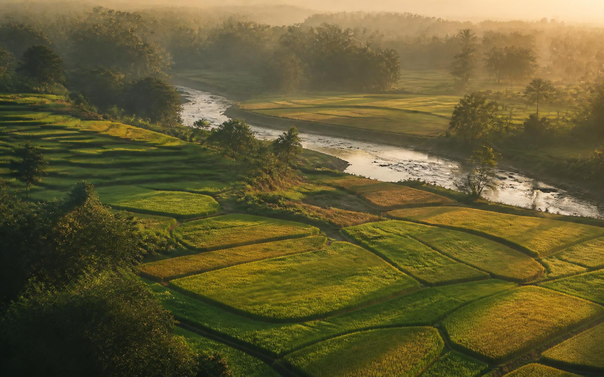 Aerial view of terraced Indian farmland at sunrise